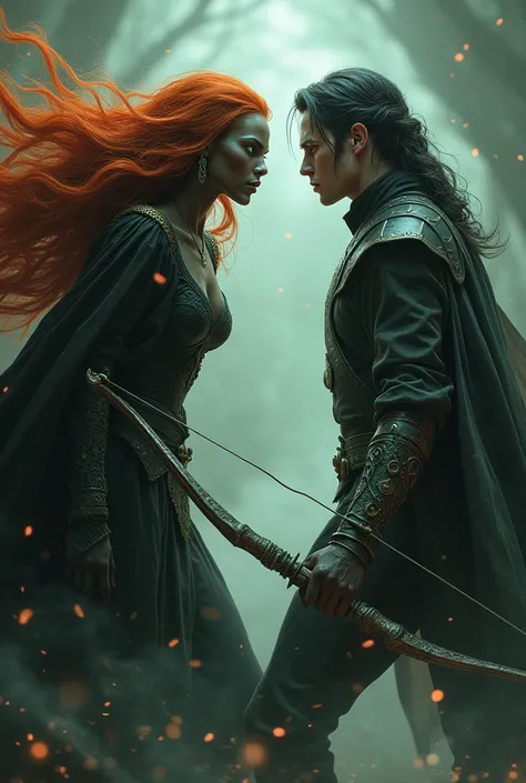 A dark-skinned witch ,  green eyes and long red hair, Magic surrounding her, fighting a human man who carries a bow and arrow with black hair up to his shoulders, silver eyes and pale skin .