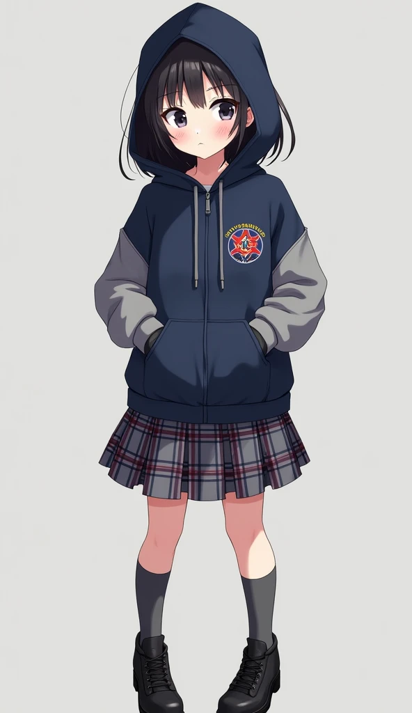 Teenage anime woman with tartan style skirt main color gray and dark blue squares with red lines that form checkered patterns Y with a dark blue fleece and with dark blue hoodie and gray sleeves and gray cuffs sporty style, with zipper in the front On the ...