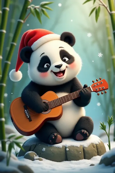 a panda is sitting on a rock while playing the guitar, with a happy expression. Wear santas red hat. the background is green land with a little snow filled with shady and cool bamboo plants. the atmosphere is cool with a little snow.