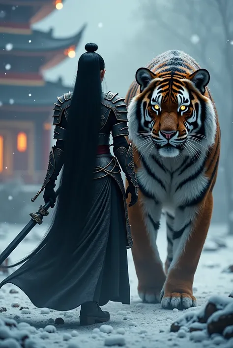  Chinese princess with long black hair ,  wearing battle armor sword wielding , next to a huge tiger ,  with black fur and flaming eyes ,  with a Chinese palace in the background in a snowy night light. realistic, walking 