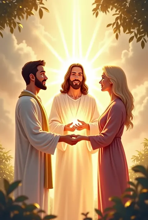 Jesus with all his grace blessing a couple and may the brightness of his grace and divinity shine in the image and the couple be happy 
It would be him in the middle and bringing this couple together it would be another very detailed cartoon half realistic...