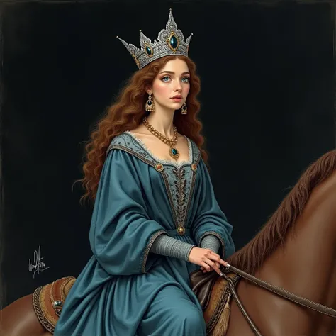 Medieval drawing of a 30-year-old queen,  silver crown with black and blue stone,  wearing a long blue dress , gold earrings, gold necklace.  Long curly brown hair , triangle face,  big blue eyes , Riding a horse in a dark field
