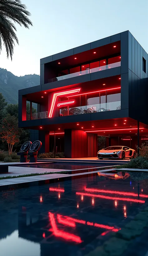 A beautiful house with logo F futuristic house in black color with Red lines designed which are glowing. The house have swimming pool and Lamborghini park and a beautiful view. 