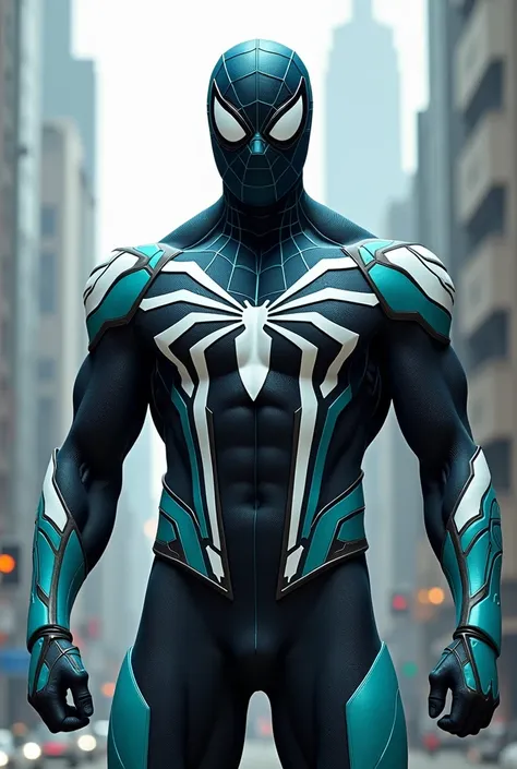 Robust Spiderman in a turquoise white and blue suit and with the eyes of his black mask 