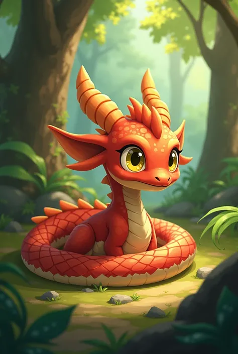 kemono dragon hatchling that has red and tan scales and yellow eyes, laying down, serpentine body, curious, forest background