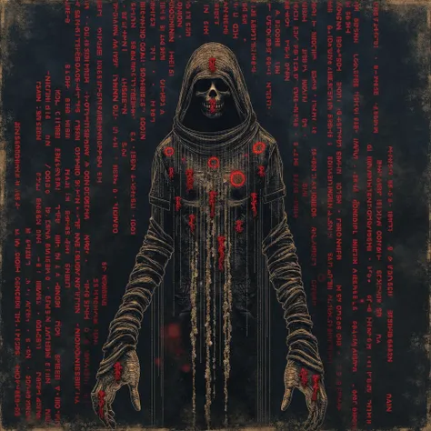 This image depicts a surreal and digital-inspired artwork with horror themes inspired by Cyberpunk 2077s depiction of demons in code and the blackwall. The central figure appears to be a cloaked and hooded figure, enveloped in a cascade of text, numbers, a...