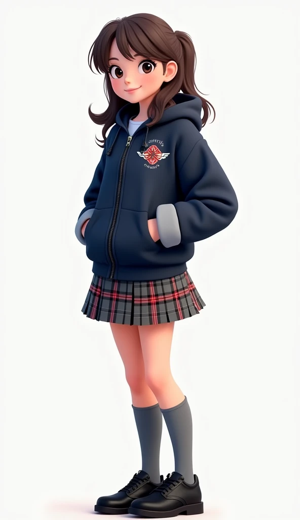  Animated adolescent woman with tartan skirt with main color gray and dark blue squares with red lines that form patterns of squares Y with a dark blue fleece and with a dark blue hood and gray sleeves and gray cuffs sporty style, with zipper in the front ...