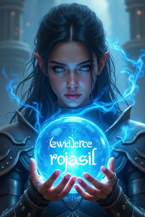  A beautiful armed warrior with a penetrating blue gaze with filaments of blue magic flying around, holds in her hand a crystal sphere in front of her face ,  with the word Demiurd Carlos Rojasil written in fire inside her. Epic fantasy style .