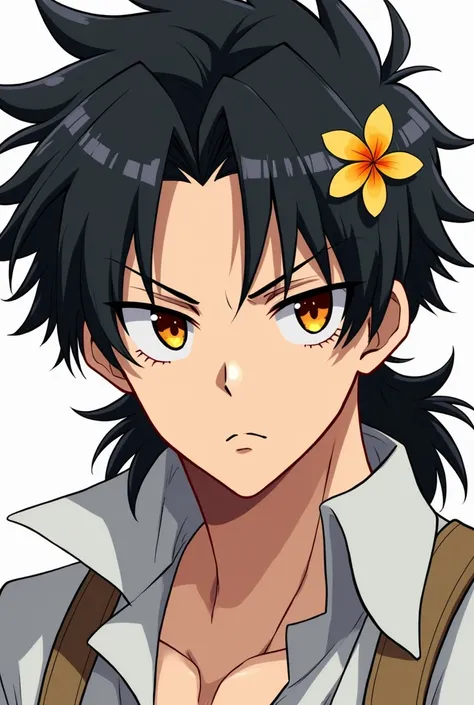  Muscular man, orange eyes,  messy mullet-style hair color black ,  wears a small strip of plastic flowers on the left side of her head,  slender eyes with eyelashes , white skin and serious face  ( anime style)