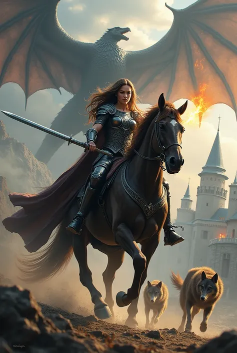 Woman on a horse, in dark armor with sword with a fireball in her hand. She has brown hair, no helmet.
In the background is dragon flying above in the sky above a castle. Wolves also on ground 
