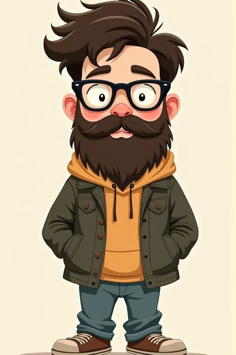 An illustration of a boy cartoon character, he is brunet, very short hair, glasses and long beard, he dresses like a hipster. Flat and fine art, jelkevantwerpen style 