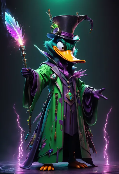 Dark Art Evil Daffy Duck The Realistic Wizard, Using Anonymous Mask, Darkness, Dark, 4k and is with realistic details in a realistic, cinematic, final fantasy, 8K style, with serious look with two parts split look, the right side is determined with bright ...