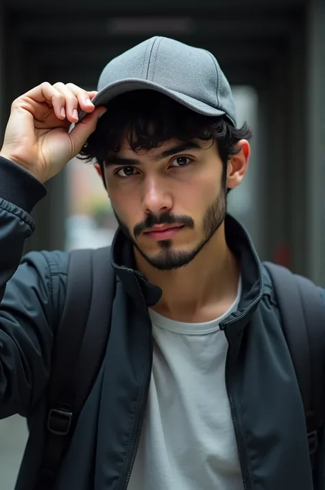 Create a 27-year-old man , Joe Goldberg,  with short wavy black hair ,  dark brown eyes, thin beard, wearing a dark jacket over a light shirt and a gray cap.  The person is holding the cap brim with one hand , tilting it slightly downward ,  which partiall...