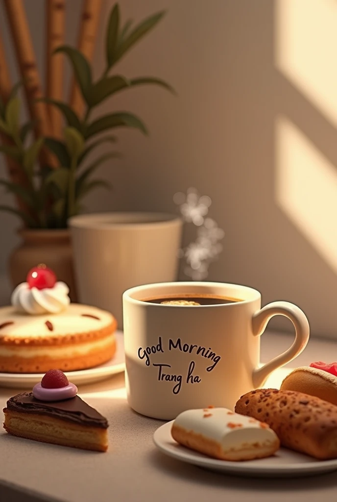 A mug off coffee with Cakes and with the name ‘Good Morning, Trang Ha’ without the marks