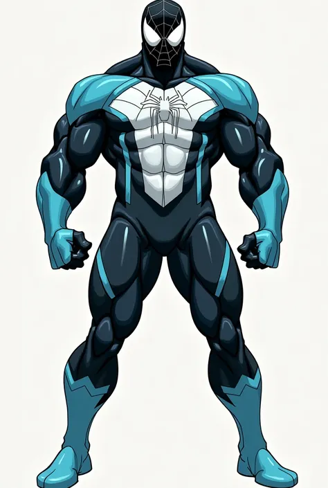 Robust Spiderman in a white and turquoise blue suit and with the eyes of his black mask 