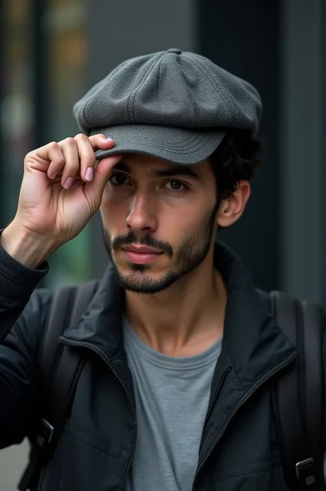 Create a 27-year-old man , Joe Goldberg,  with short wavy black hair ,  dark brown eyes, thin beard, wearing a dark jacket over a light shirt and a gray cap.  The person is holding the cap brim with one hand , tilting it slightly downward ,  which partiall...