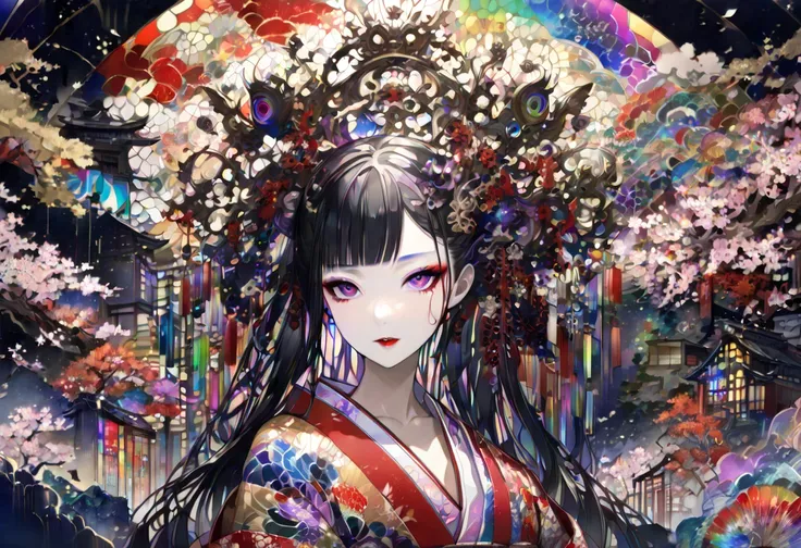 naked、 kabuki,  ドラゴン、kabuki make-up, Japanese painting, Woodblock print,  seductive and bewitching look,  red twin tails ,  open rainbow colorful Japanese kimono ,  background combining iridescent stained glass with oil painting and watercolor painting,  c...