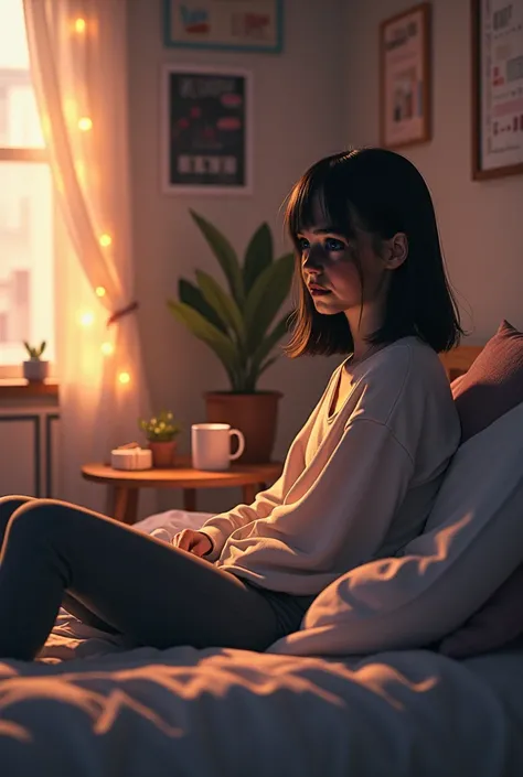 Teenage-Girl-Relaxing-in-Bedroom-with-Straight-Hair-and-Leggings