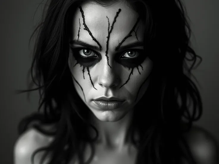 Black and white portrait of a woman with a dark and mysterious appearance. She has deep-set black eyes, surrounded by dark veins that branch out like tree branches towards the pale skin of her face. Her expression is cold and intense, with a hint of melanc...