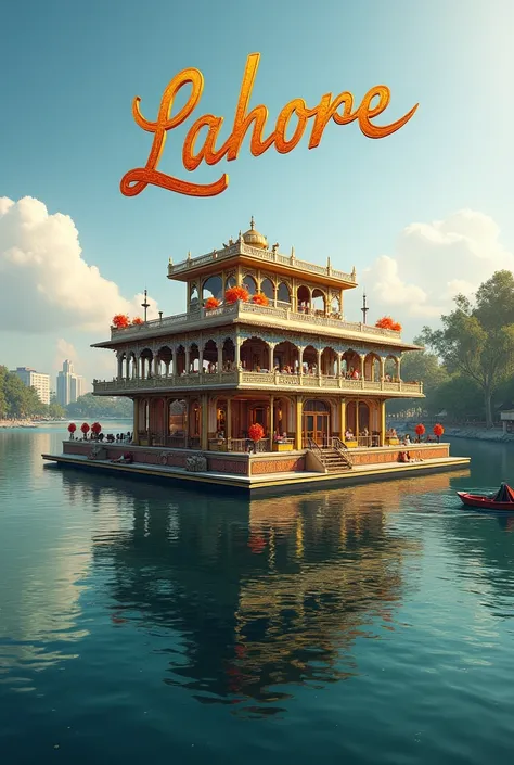 A floating restaurant in lahore Create pics in Back Ground write Lahore in beautiful gold font