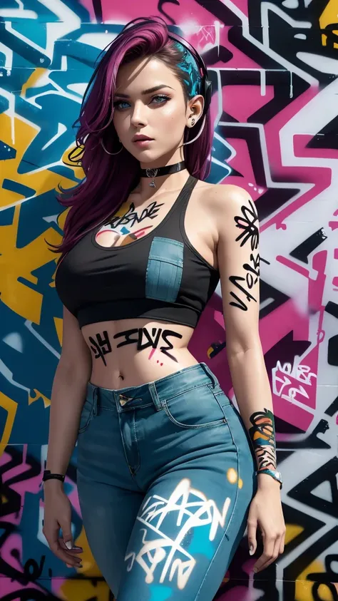 Masterpiece, best quality, cinematic. A stunning woman with long multicolored hair and captivating aqua eyes, featuring a mature, confident face (mature face:1.4). She is dressed in a stylish crop top, denim hot pants, and a choker, her arms casually place...