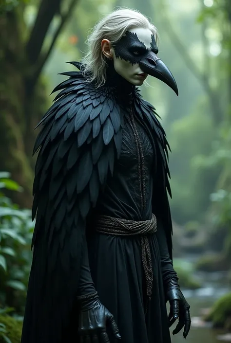 mysterious hybrid of human and raven. The figure has dark, feathered wings that fold elegantly around their body like a cloak. Their face is pale with black feather markings around the eyes, resembling a mask. Their fingers taper into delicate talons, and ...