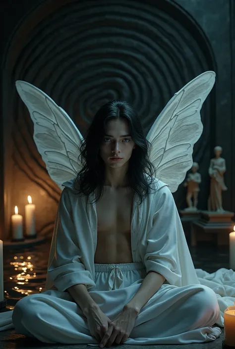 Young man handsome soft white face Caucasian features blue eyes long black hair well-defined body fairy wings his skin is made of porcelain He is in a psychedelic canary with a spiral in the background he is naked wrapped in a cloak make the image darker t...