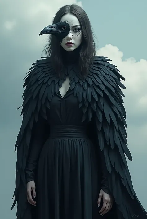 mysterious hybrid of human and raven. The figure has dark, feathered wings that fold elegantly around their body like a cloak. Their face is pale with black feather markings around the eyes, resembling a mask. Their fingers taper into delicate talons, and ...