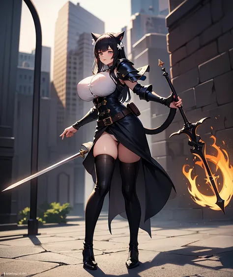 Cat girl mage, massive breasts, 18, fantasy, leather armor, magic staff, long sword, beautiful, thigh high black socks, knee high boots, black cat ears, black fluffy cat tail, full body, beautiful, full knee length dress, long black hair, panties, anime, s...