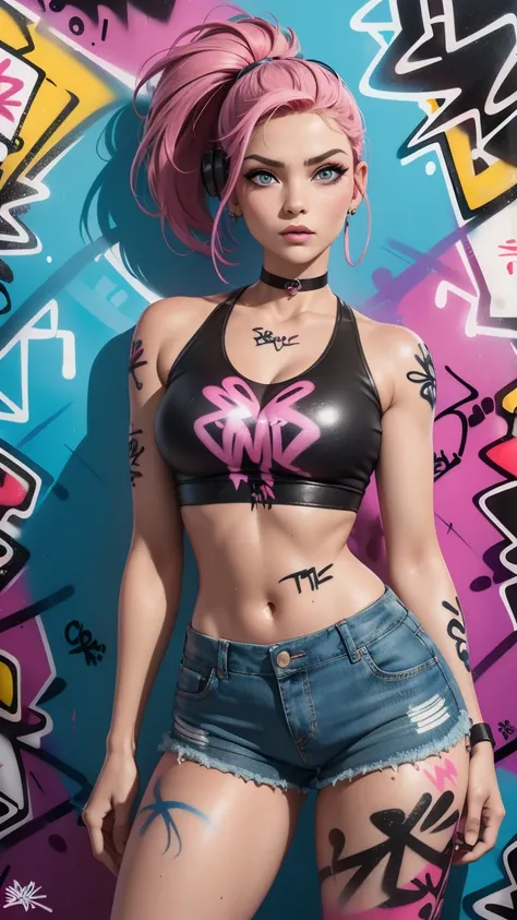 Masterpiece, best quality, cinematic. A stunning woman with long multicolored hair (pink, red, blue) and captivating aqua eyes, featuring a mature, confident face (mature face:1.4). She is dressed in a stylish crop top, denim shorts, and a choker, her arms...