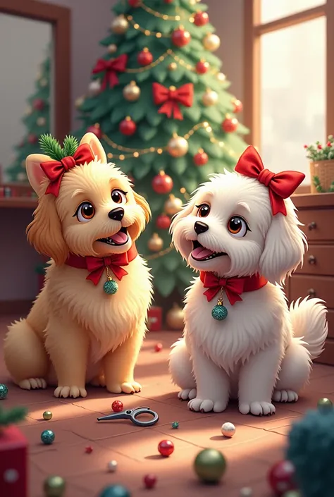 Furry dogs with Christmas tree in hairdressers salon
