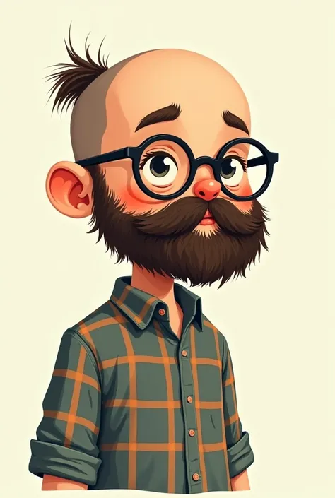 An illustration of a boy cartoon character, he is brunet, almost hairless,  glasses and long beard, he dresses like a hipster, plaid shirt, Flat and fine art, jelkevantwerpen style 