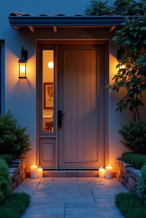 Picture of living room door from the outside, with candles on the side , The brightest environment during the day,  from the front . A bluer tone