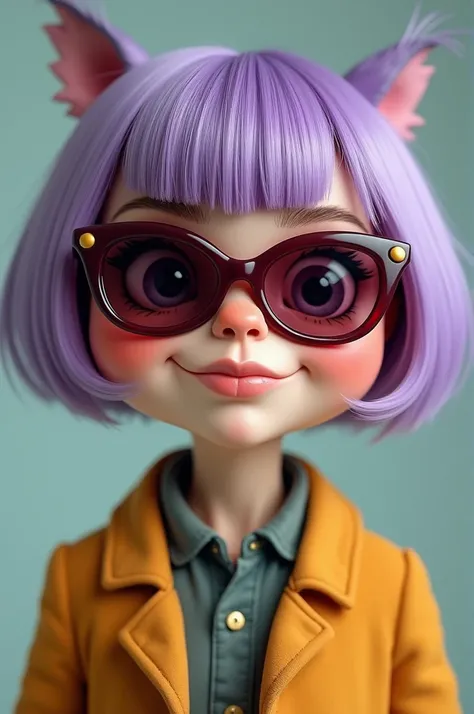  a short lady , white, Short haired purple ,  wears burgundy sunglasses and looks like a little owl 