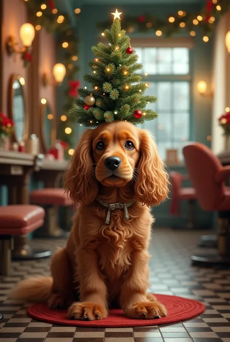 Koker dog with Christmas tree in hairdressers salon
