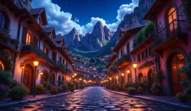  a town in the middle of mountains at night , Without energy , With the lamps turned off .  the streets are illuminated by natural light from the sky, style: fancy, soft colors,  magical atmosphere .


