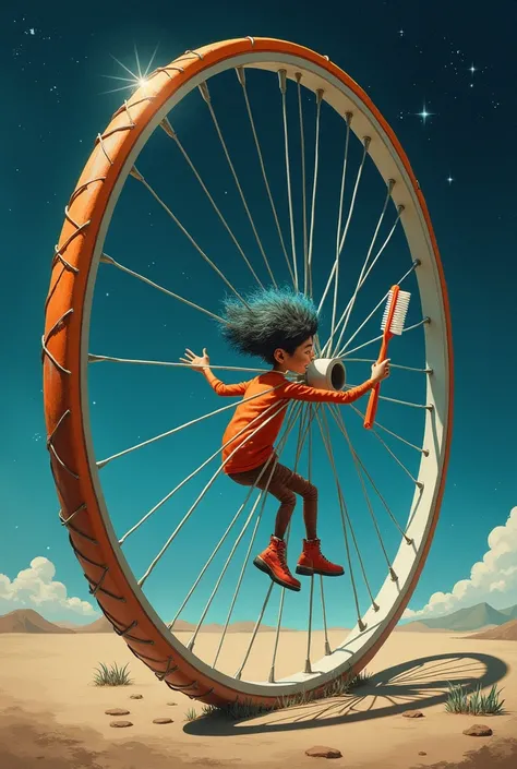 a  using his toothbrush as if it were a magic bicycle wheel, spinning gently on his back teeth ,  as he circles a giant wheel in a star-filled landscape .