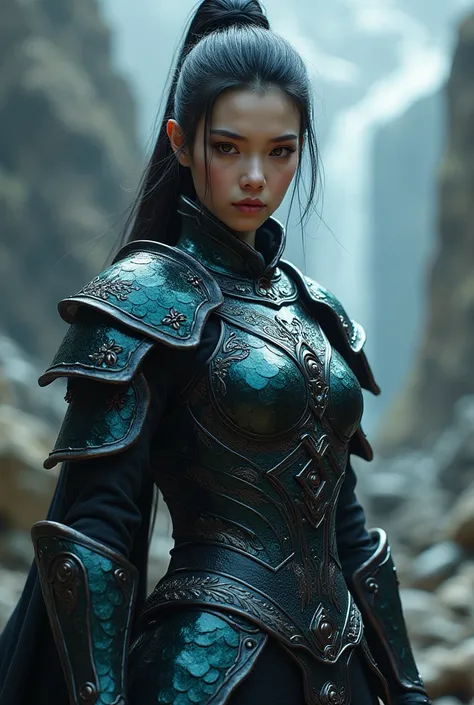  Female Warrior Wearing Obsidian Dragonscale Armor、Medieval style, Mythical Magical ，Faces of Oriental people