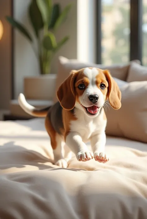 A happy and playful beagle puppy jumping on a bed in a luxurious and modern room 