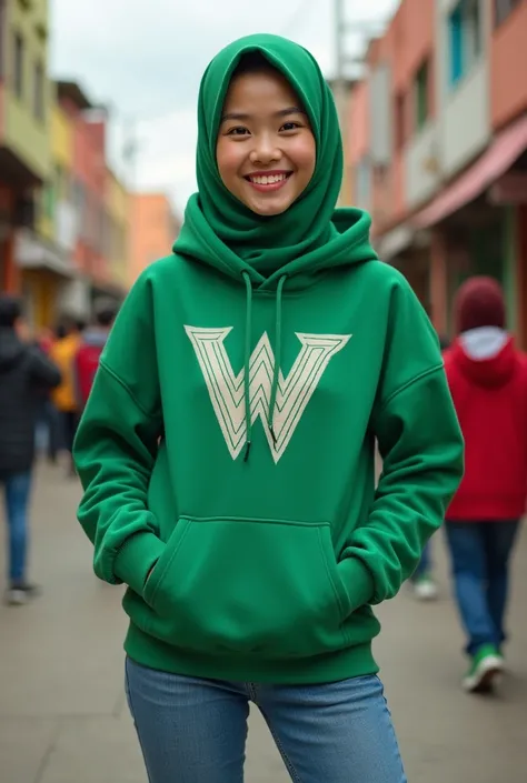 a full body picture of beautiful Asian young woman,, wearing green hijab, green hoodie write "W" on long cut hoodie and blue jeans, and green high cut converse shoes. back ground is colorful, vibrant, ((Masterpiece, Top Quality, High Resolution, Photoreali...