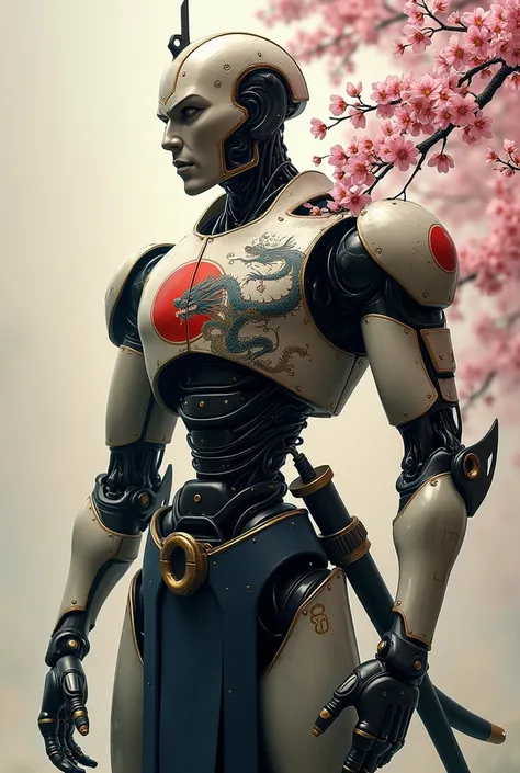 an old robot ,  but with lean humanoid aspects, Like Viktor from Arcane,  with aspects of samurai , Is there a painting of Sakuras on her left arm,  and a painting of a dragon .  on his chest he has a katana and a samurai hat .