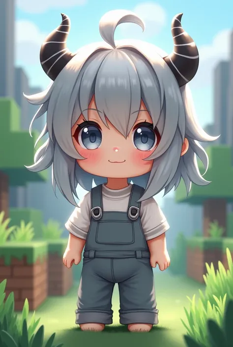 Kawaii character with gray hair, white and gray Minecraft clothing for men with black and white horns 