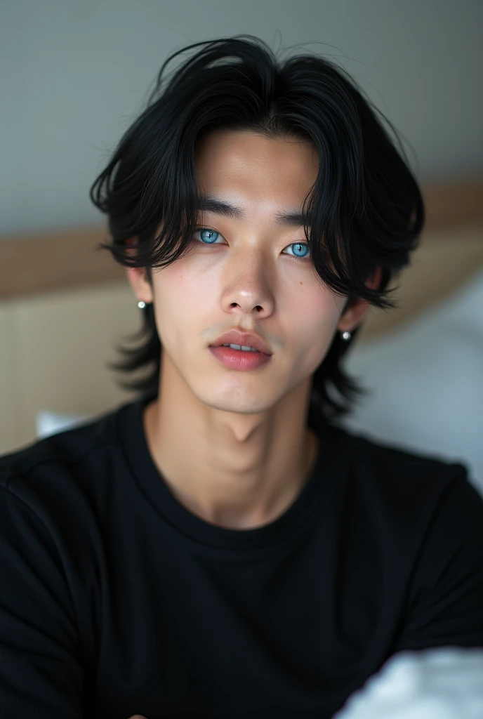 An Asian man of Korean origin with long hair around his ears and looks like Idol from Kpop, has blue eyes, has a black shirt on and is in a part of his room and is in a part of his room where the photos look extremely real, sharp and normal.