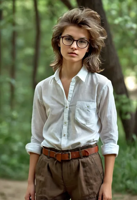 Masterpiece of realistic photography, high quality, shaded tones; Appearance: the cute russian tomboy woman Nika whose age is older than the universe itself with nice natural chestnuts has short boyish short messy very shaggy brown hair disheveled for wind...