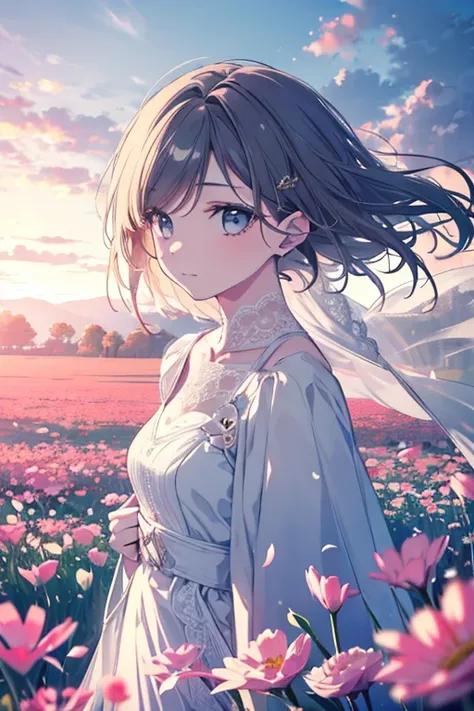 a beautiful young woman standing alone in a field of flowers, detailed facial features, elegant dress, serene expression, natural lighting, cinematic composition, vibrant colors, highly detailed, photorealistic, 8k, award winning digital art