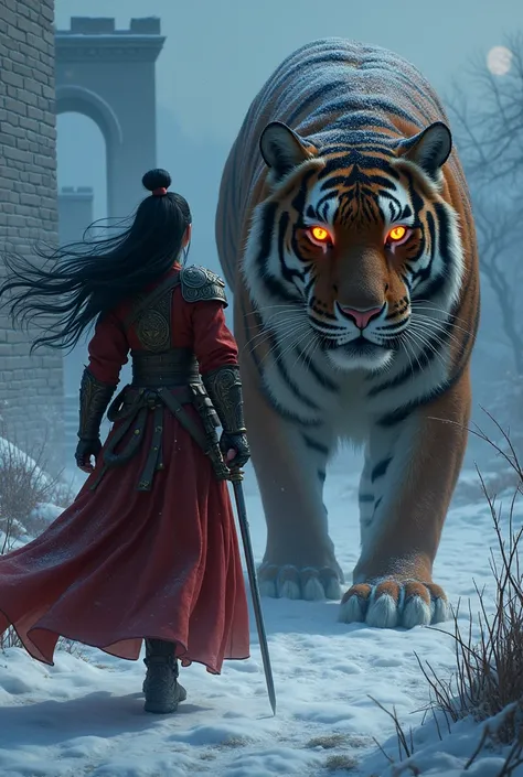  Chinese princess with long black hair ,  wearing battle armor sword wielding ,  next to an enormous tiger ,  with black fur and flaming eyes , with the Great Wall of China in the background in a snowy nightlight. realistic, walking 