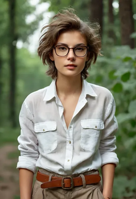 Masterpiece of realistic photography, high quality, shaded tones; Appearance: the cute russian tomboy woman Nika whose age is older than the universe itself with nice natural chestnuts has short boyish short cut messy shaggy brown hair disheveled for wind,...