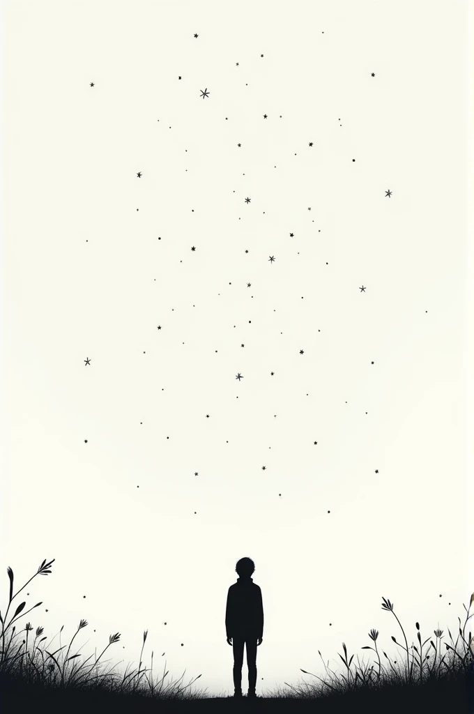  on a white background ,  a black silhouette of a  is located at the bottom of the image , In the corner,  looking towards the horizon with small bright stars at the top.  Around the  there are delicate leaves falling elegantly ,  as if they were carried b...