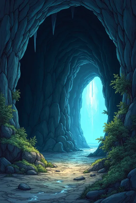 Draw a picture of a cave, comic style in color , concept:  medieval fantasy 