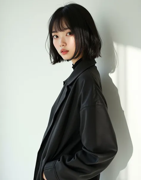  young Japanese woman,　Latest Fashion,　whole body、 white background 、Strong light from the left、 short hair、 straight hair、